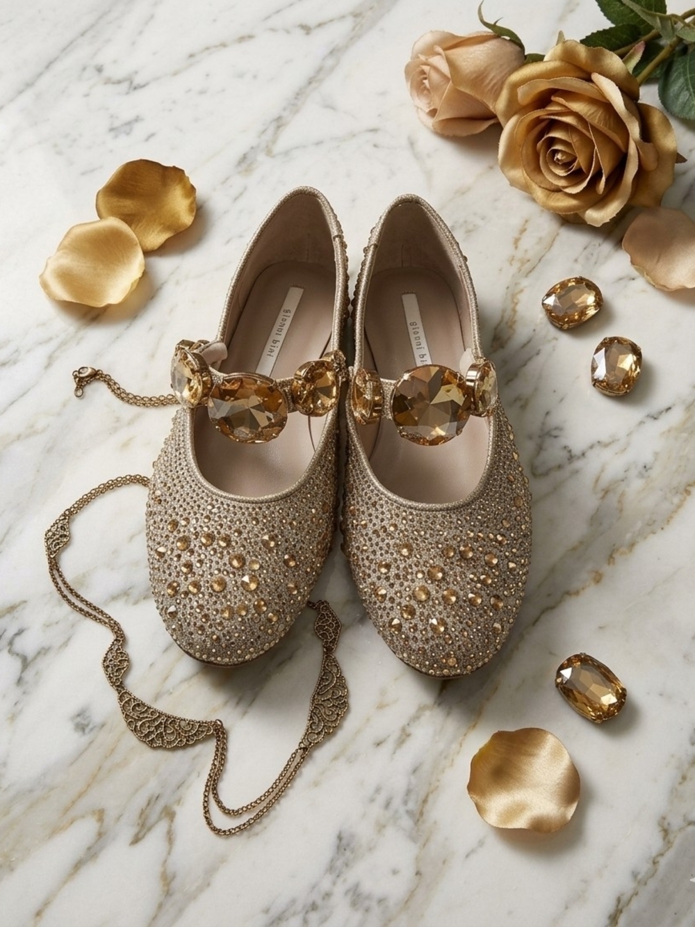 Gianni Bini Ryleah Gold Crystal-Embellished Mary Jane Ballet Flats Size 6.5
